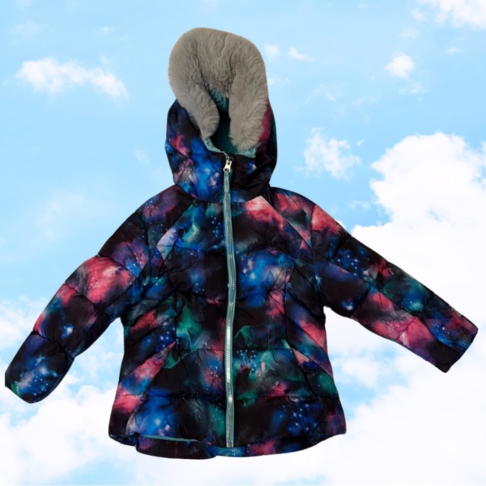 Girls Galaxy Print Puffy *warm* Winter Jacket with Faux Fur Hood Size 4/5